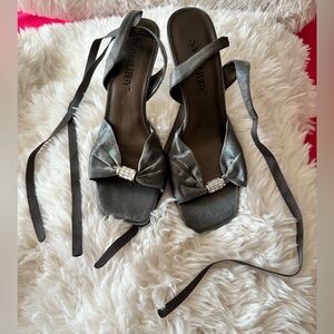 Sam & Libby Silver Gray Bow Tie Ankle Wrap Heels with Rhinestone Embellishment